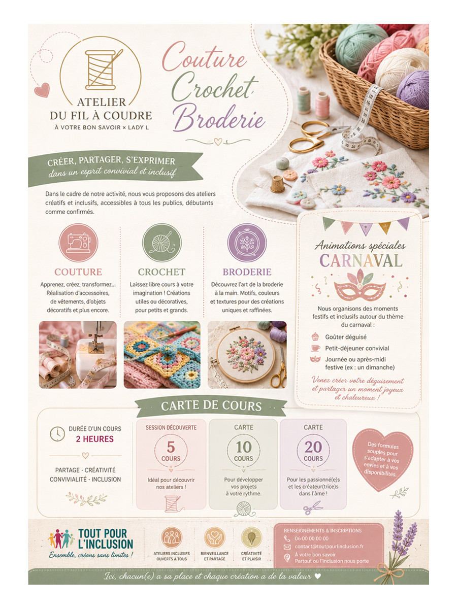 Cours de couture, crochet...